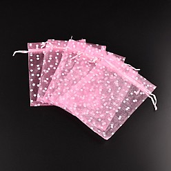 Pearl Pink Polka Dot Printed Organza Bags, Rectangle, Pearl Pink, 16x13cm