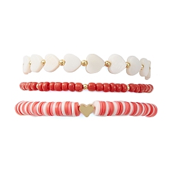 Red 3Pcs 3 Style Polymer Clay Heishi & Natural Shell Heart & Seed Beaded Stretch Bracelets Set for Valentine's Day, Red, Inner Diameter: 2~2-3/8 inch(5.2~5.9cm), 1Pc/style