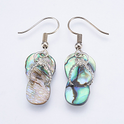 Colorful Natural Paua Shell/Abalone Shell Dangle Earrings, with Brass Findings, Flip Flops, Colorful, 40~41mm, Pin: 0.7mm