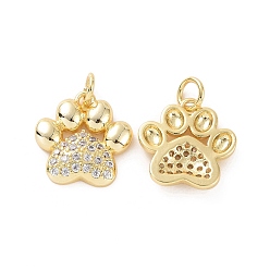 Real 18K Gold Plated Rack Plating Brass Micro Pave Cubic Zirconia Charms, with Jump Ring, Long-Lasting Plated, Cadmium Free & Lead Free, Dog's Paw Print Charm, Real 18K Gold Plated, 15x14.5x3mm, Hole: 3mm