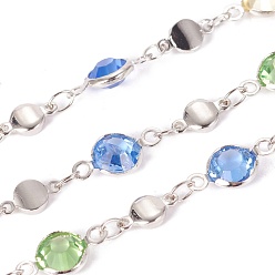 Couleur Mélangete Main chaînes de perles de verre, avec les accessoires en laiton, plaqué longue durée, soudé, avec bobine, couleur mixte, lien: 13x6.5x3mm et 8.5x4.5x1.5mm