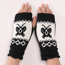 Black Polyacrylonitrile Fiber Yarn Knitting Fingerless Gloves, Winter Warm Gloves with Thumb Hole, Butterfly Pattern, Black, 200x80mm