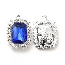 Azul Colgantes de cristal de aleación, colgante de rectángulo de diamantes de imitación de cristal, Platino, azul, 23.5x16.5x6.5 mm, agujero: 2 mm