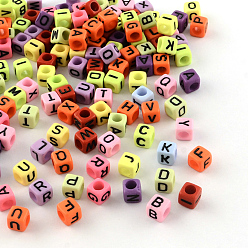 Mixed Color Mixed Letters Opaque Acrylic Beads, Horizontal Hole, Cube, Mixed Color, 6x6x6mm, Hole: 3.5mm