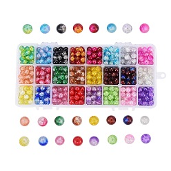Mixed Color Baking Painted Crackle Glass Beads, Round, Mixed Color, 8mm, Hole: 1.3~1.6mm,  24 Colors, 30pcs/compartment, 720pcs/box