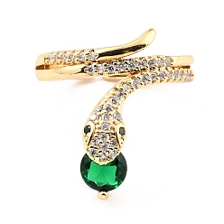 Green Brass Micro Pave Cubic Zirconia Cuff Rings, Open Rings, Snake, Golden, Green, US Size 5 3/4(16.3mm), 2~22mm