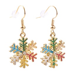 Golden Alloy Enamel Snowflake Dangle Earrings for Christmas, with Rhinestone, Brass Earring Hooks & Ear Nuts, Colorful, Golden, 40mm, Pin: 0.5mm