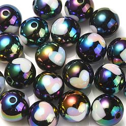 Black UV Plating Rainbow Iridescent Acrylic Beads, Round with Heart Pattern, Black, 16x15mm, Hole: 3mm