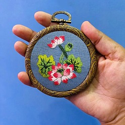 Steel Blue DIY Pendant Decoration Embroidery Kits, Including Printed Cotton Fabric, Embroidery Thread & Needles, Embroidery Hoop, Lotus Pattern, Steel Blue, Embroidery Hoop: 100mm
