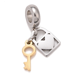 Golden & Stainless Steel Color 304 Stainless Steel European Dangle Charms, Large Hole Pendants, Key & Lock, Golden & Stainless Steel Color, 27.5mm, Hole: 4.5mm, Key: 12x5x1.5mm, Lock: 11x8x1.5mm