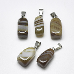 Coffee Natural Banded Agate/Striped Agate Pendants, Dyed, with Stainless Steel Snap On Bails, Cuboid, Stainless Steel Color, Coffee, 20~23x9~13x9~13mm, Hole: 3~4x7~8.5mm