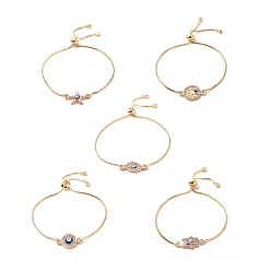 Mixed Patterns Crystal Rhinestone Link with Enamel Evil Eye Slider Bracelet, Brass Adjustable Bracelet for Women, Golden, Mixed Patterns, 5/8~2-3/4 inch(1.6~7.1cm)
