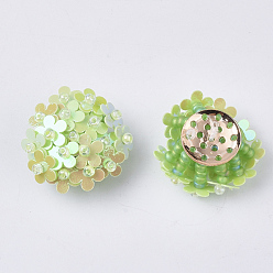 Light Green PVC Paillette Cabochons, Cluster Beads, with Glass Seed Beads and Golden Plated Brass Perforated Disc Settings, Flower, Light Green, 20~23x10~11mm