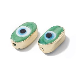 Medium Sea Green Brass Beads, with Enamel, Real 18K Gold Plated, Oval with Evil Eye, Medium Sea Green, 14x8x6mm, Hole: 1.4mm