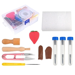 Color mezclado Kit de fieltro de aguja, para conjunto de herramientas para hacer muñecas, incluyendo protector de dedos, aguja de fieltro, caja de almacenaje, almohadón de fresa, tijera, lezna, color mezclado, 180x117x57 mm