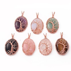 Mixed Stone Natural & Synthetic Mixed Gemstone Big Pendants, with Rose Gold Plated Brass Findings, Oval with Tree of Life, 58~60x34~35x13~14mm, Hole: 6mm