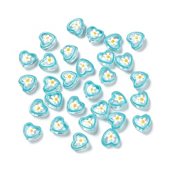 Cyan Transparent Glass Beads, with Enamel, Heart with Flower Pattern, Cyan, 12x12x6.5mm, Hole: 0.9mm