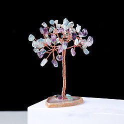 Fluorine Copeaux de fluorite naturelle décorations arbre de vie, Agate naturelle avec fil de cuivre, pierre énergétique feng shui, cadeau pour la maison, le bureau, décoration de bureau, 110~120mm