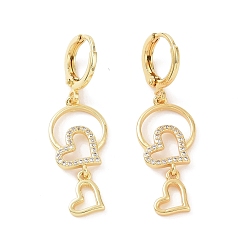 Золотой Прозрачные серьги-кольца с кубическим цирконием и полым сердцем, украшения из латуни для женщин, золотые, 39 мм, штифты : 0.8 мм