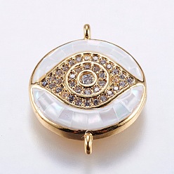 Golden Brass Micro Pave Cubic Zirconia Links, with White Shell, Eye, Golden, 20.5x16x4mm, Hole: 1mm