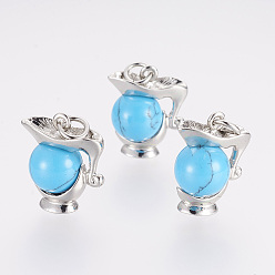 Aquarius Synthetic Turquoise Pendants, with Platinum Plated Brass Findings, Constellation/Zodiac Sign, Aquarius, 15.5~26x13~24x10~12.5mm, Hole: 4mm