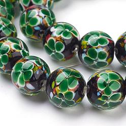 Vert Main fleurs intérieure perles de Murano brins, ronde, verte, 12mm, Trou: 2mm, 30 pcs / chapelet, 12.3 pouce