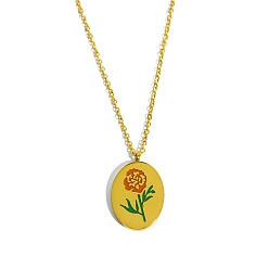 October Marigold Birth Month Flower Style Titanium Steel Oval Pendant Necklace, Golden, October Marigold, 15.75 inch(40cm)