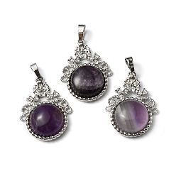Amethyst Natural Amethyst Pendants, with Rack Plating Brass Findings, Cadmium Free & Lead Free, Flat Round & Flower, 34~34.5x25.5~26x8.5~9mm, Hole: 8x5.5mm