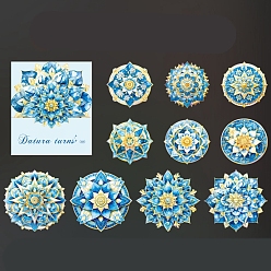 Deep Sky Blue 10Pcs 10 Styles Mandala Flower Waterproof PET Decorative Stickers, Laser Self-adhesive Decals, for DIY Scrapbooking, Deep Sky Blue, 80mm, 1pc/style