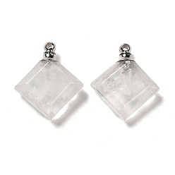 Quartz Crystal Natural Quartz Crystal Perfume Bottle Pendants, Faceted Rhombus Charms with Stainless Steel Color Tone 304 Stainless Steel Findings, 31x27~27.5x8.5~10mm, Hole: 2mm