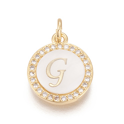 Letter G Brass Micro Pave Cubic Zirconia Pendants, with Shell, Long-Lasting Plated, Lead Free & Cadmium Free & Nickel Free, Real 18K Gold Plated, Flat Round with Letter, Clear, Letter.G, 16x13.5x3mm, Hole: 3mm