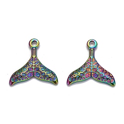 Rainbow Color Ion Plating(IP) 304 Stainless Steel Charms, Textured, Fishtail, Rainbow Color, 26x25x3mm, Hole: 2.5mm