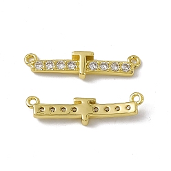 Letter T Rack Plating Brass Micro Pave Clear Cubic Zirconia Connector Charms, Real 18K Gold Plated, Long-Lasting Plated, Cadmium Free & Nickel Free & Lead Free, Letter Links, Letter.T, 6x24x3mm, Hole: 1.2mm