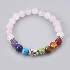 Quartz Rose Naturel a augmenté de bracelets élastiques de quartz, chakra bijoux, avec pierre mélangée et perles de résine, découvertes métalliques et emballage en toile de jute, ronde, Bouddha, 2 pouces ~ 2-1/8 pouces (5.2~5.5 cm)