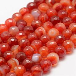 Orange Red Faceted Natural Striped Agate/Banded Agate Beads Strands, Round, Dyed & Heated, Orange Red, 6mm, Hole: 1mm, about 60pcs/strand, 14.76~14.96 inch(37.5~38cm)