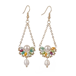 Colorful Natural Pearl & Glass Teardrop with Flower Dangle Earrings, Golden Brass Jewelry for Women, Colorful, 74mm, Pin: 0.5mm