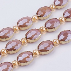 PeachPuff Opaque Glass Beads Strands, with Golden Tone Brass Findings, Pearl Luster Plated, Faceted, Oval & Round, PeachPuff, 16x12x7.5mm, Hole: 1mm, about 10pcs/strand, 8.2 inch(21cm)