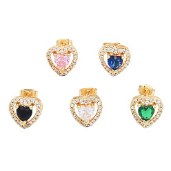 Mixed Color Cubic Zirconia Heart Stud Earrings, Golden Brass Jewelry for Women, Nickel Free, Mixed Color, 10x10.5mm, Pin: 0.7mm