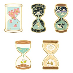 Mixed Color 5Pcs 5 Style Alloy Enamel Brooches, Enamel Pin, with Butterfly Clutches, Sand Clock, Golden, Mixed Color, 29.5x14~18x9.5~10mm, Pin: 1mm, 1pc/style