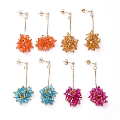 Mixed Color Faceted Glass Beads Stud Earrings, Cluster Earrings, with Iron Bar Links, Brass Stud Earring Findings and Ear Nuts, Mixed Color, 53.5mm