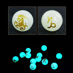 Capricorne Perles de verre de style lumineux, brillent dans les perles sombres, rond avec motif douze constellations, Capricorne, 10mm