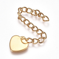 Golden 304 Stainless Steel Chain Extender, Curb Chain, with Charms, Heart, Golden, 61mm, Link: 4x3x0.5mm