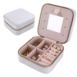White Square Velvet Jewelry Organizer Zipper Boxes, Portable Travel Jewelry Case with Mirror Inside, for Earrings, Necklaces, Rings, White, 10x10x5cm