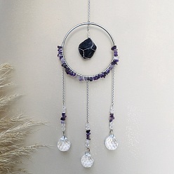 Amethyst Glass Pendant Decoration, Suncatchers, with Metal Findings, Natural Amethyst, 400x90mm
