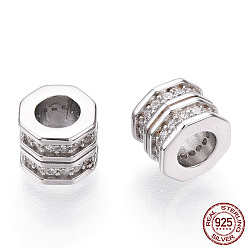 Real Platinum Plated Rhodium Plated 925 Sterling Silver Micro Pave Cubic Zirconia Beads, Octagon Column, Nickel Free, Real Platinum Plated, 6.5x6.5x5.5mm, Hole: 3.5mm