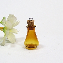 Gold Empty Small Glass Cork Vase Pendants, Wishing Bottle Charms with Platinum Plated Iron Loops, Gold, 16x27mm
