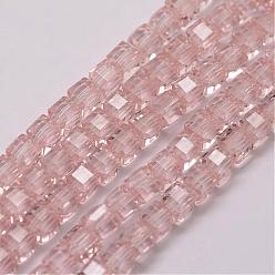 Pink Transparent Glass Bead Strands, Cube, Faceted, Pink, 4x4x4mm, Hole: 1mm, about 100pcs/strand, 16.5 inch