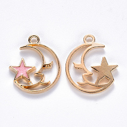 Pink Alloy Enamel Pendants, Moon with Star, Light Gold, Pink, 19x17x2mm, Hole: 1.6mm