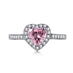 Pink Родиевое покрытие 925 кольца на палец из стерлингового серебра, с фианитами для женщин, обручальное кольцо с камнем в форме сердца, Реальная платина, розовые, 1.8 мм, размер США 7 (17.3 мм)