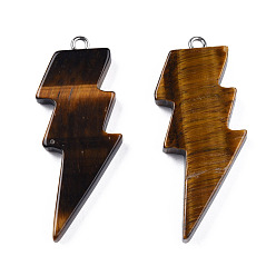 Tiger Eye Natural Tiger Eye Pendants, Lightning Bolt Charm, with Stainless Steel Color Tone 304 Stainless Steel Loops, 40~44.5x17~20x4.5~6mm, Hole: 2mm